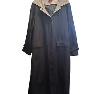 Gallery Black Full Length Trench Coat with Beige Hood Size 12.